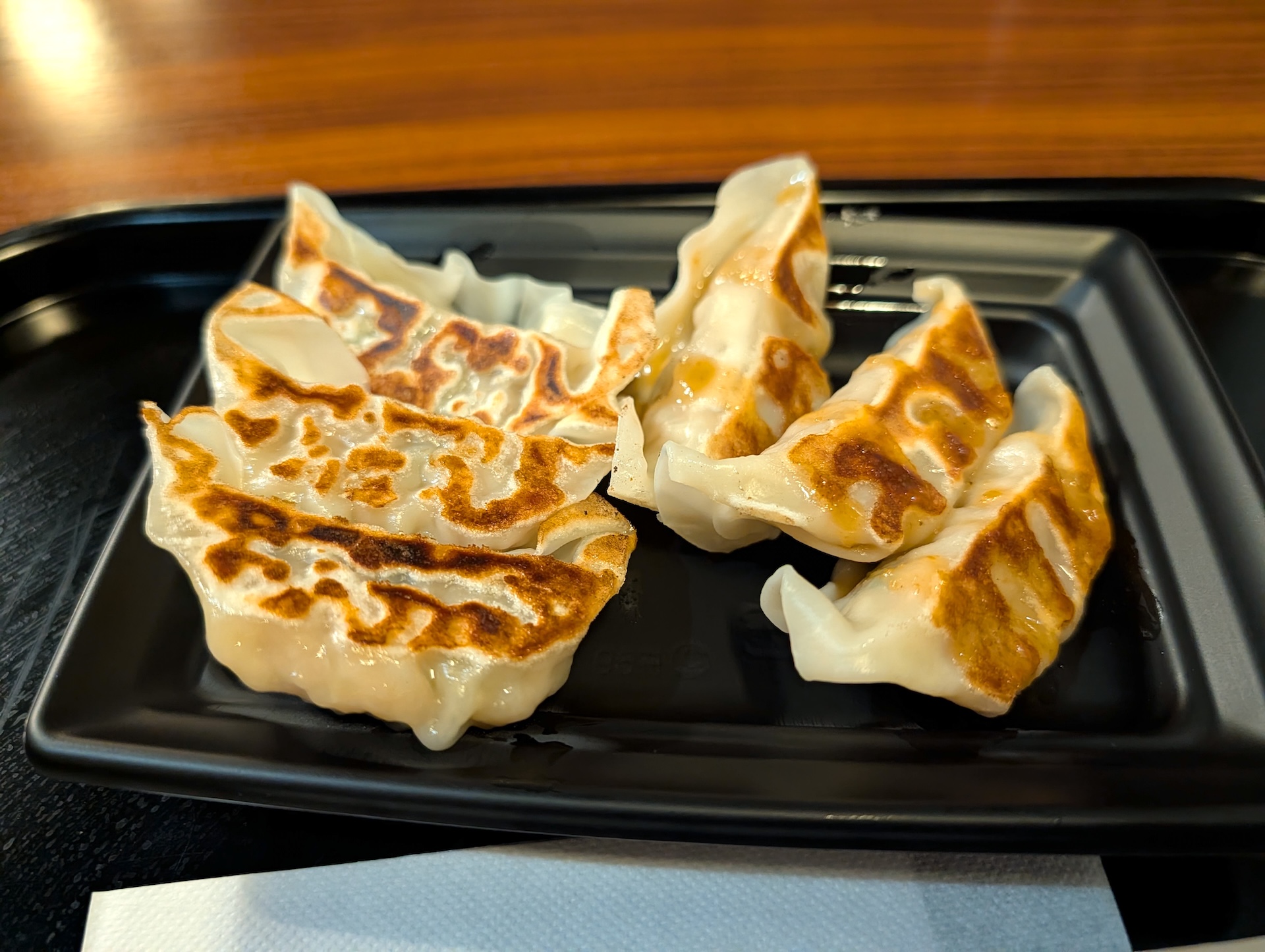 焼きたての餃子6個が1皿に乗って提供された