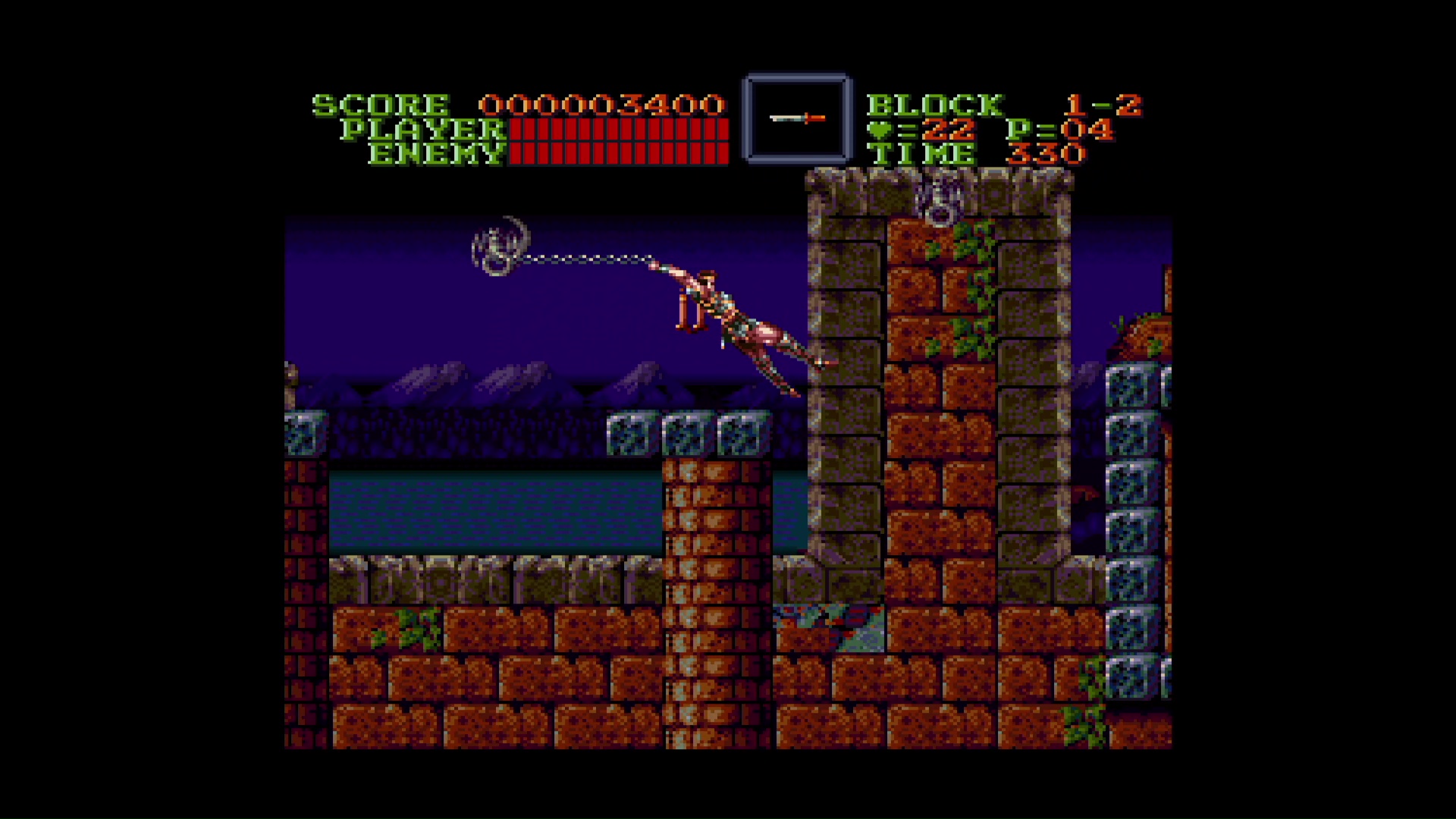 過去作のウィップアクションは、今作ほど軽快なものではなかった。画面はNintendo Switch版「悪魔城ドラキュラ アニバーサリーコレクション」より「悪魔城ドラキュラ」