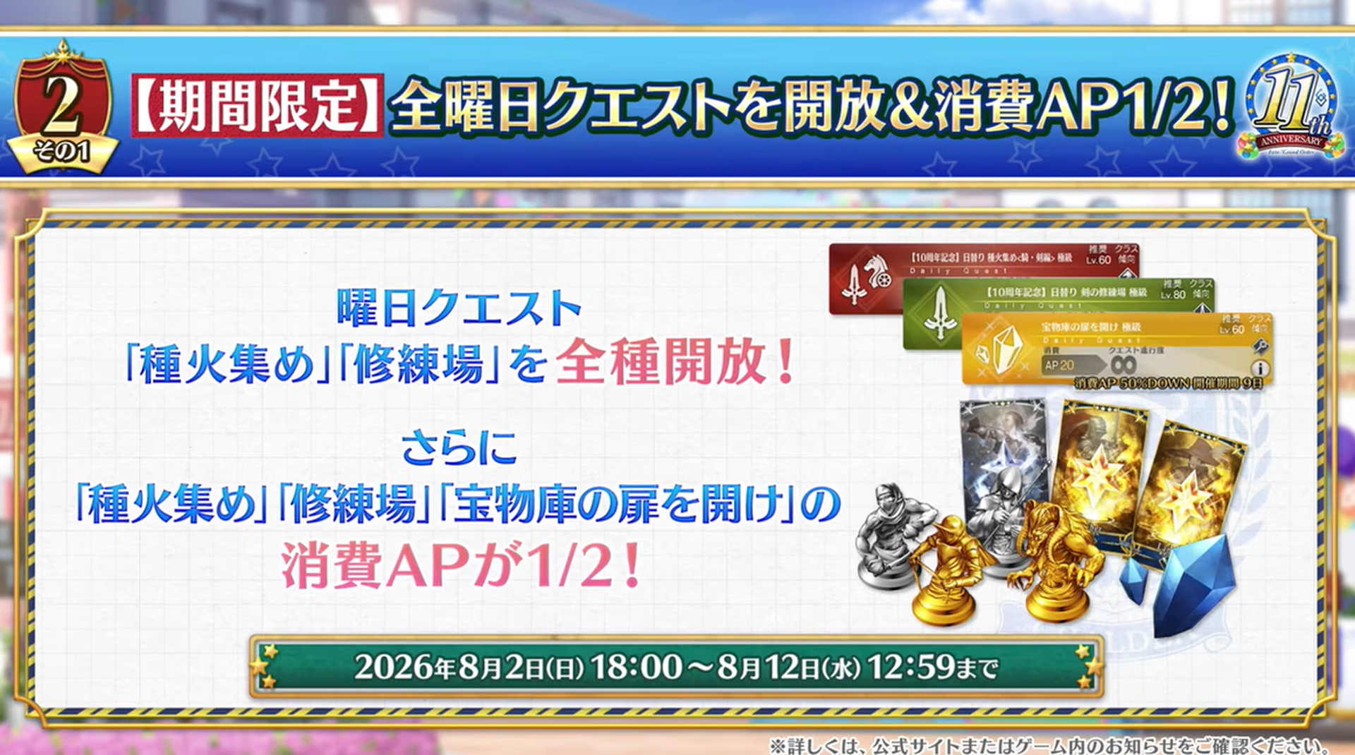 期間限定で全曜日クエストが開放されるほか、一部クエストの消費APが1/2になる