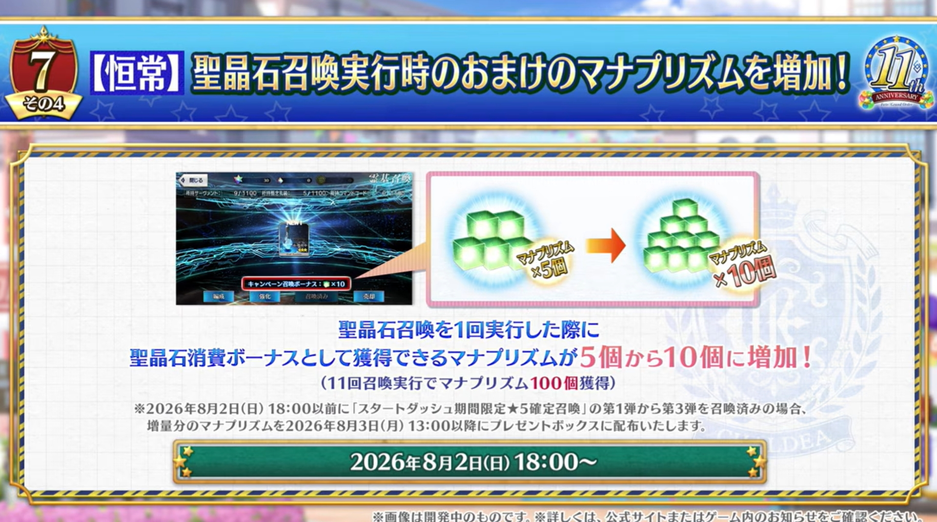 こちらは恒常で、聖晶石召喚実行時のおまけのマナプリズムが従来の5個から10個へとアップデートされる