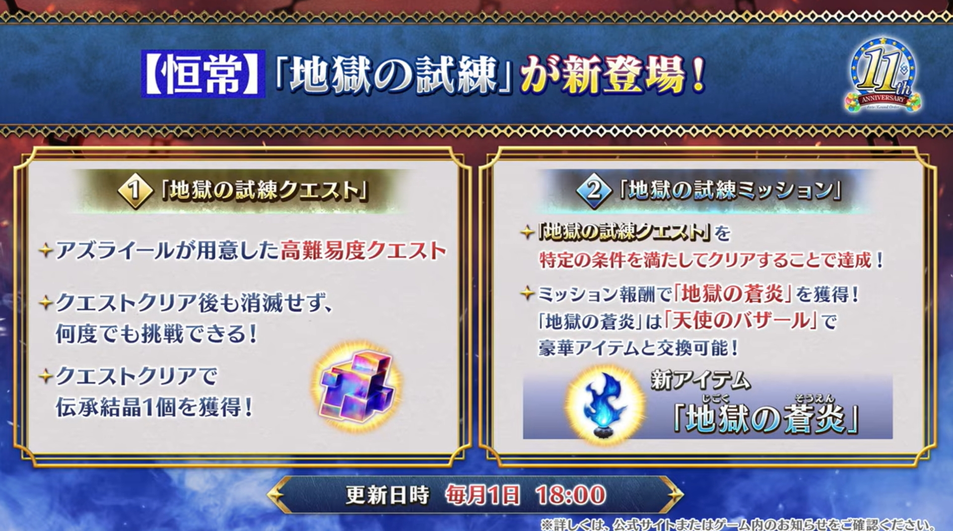 高難度のクエストを特定の条件を満たしてクリアすればミッション達成で新アイテム「地獄の蒼炎」がゲットできる