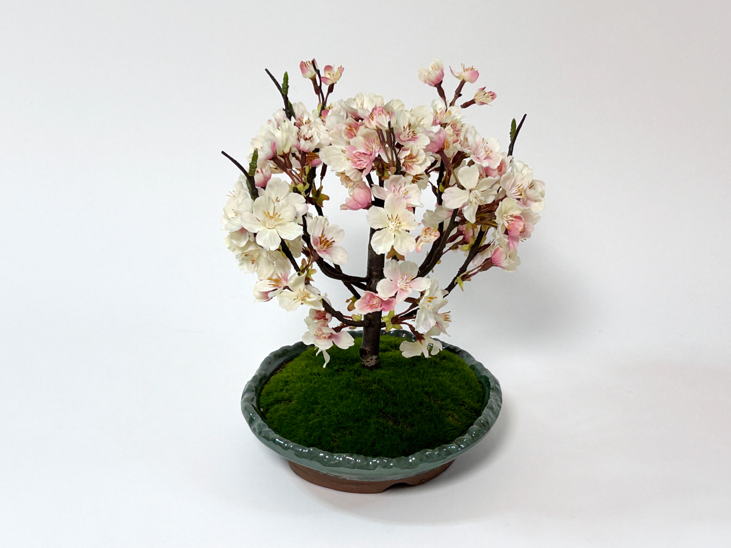 桜盆栽は、細部まで非常に丁寧に作られている。根元の芝も、遠目では本物に見えるほど。陶器の鉢が使われている
