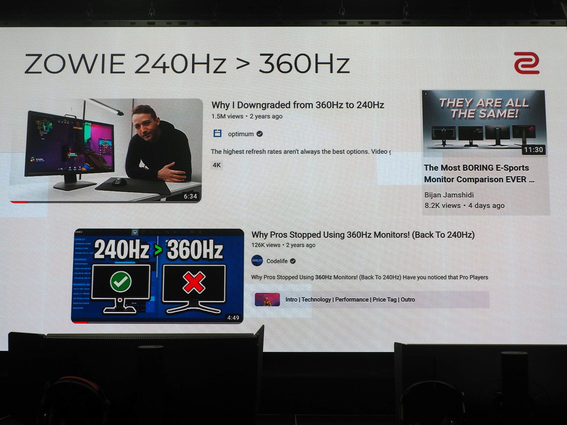 360Hz競争には乗り遅れたが、ZOWIEの240Hzモニターのほうが他社の360Hzモニターよりも快適だという意見も寄せられた