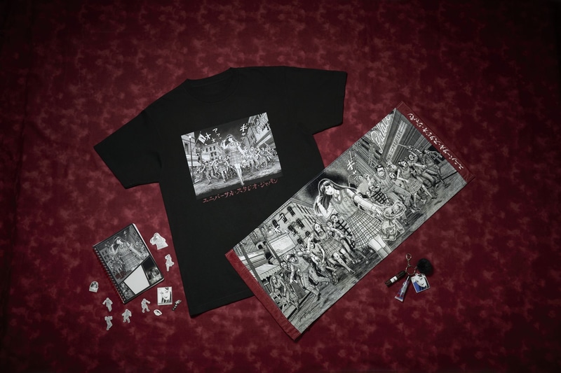 「富江」と「ストリート・ゾンビ」の初コラボレーション・グッズ（ステッカー付きノート/Tシャツ/フェイスタオル/チャーム付きコスメキーチェーン）