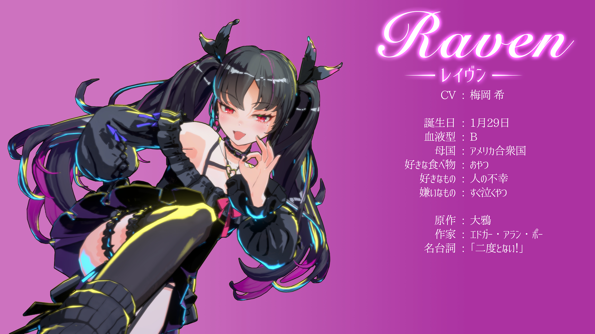 登場キャラクターのアリス、ジュリエット、ダンテ、レイヴンの4人。プロデューサーのネイト氏はジュリエットが一番推しとのことだ