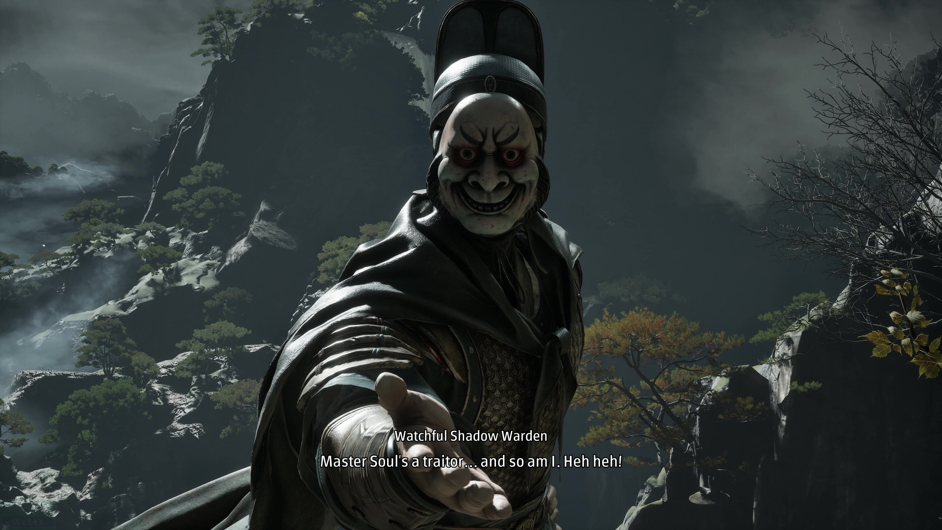探索していると、変な人物と遭遇することも。こちらは「Watchfull Shadow Warden」さん。ソウルは「組織」に裏切り者として追われている立場なのだが、「組織」に所属しながら「俺も同じ裏切り者だから……」とヘラヘラしている人物。組織にかけられた洗脳を完全に解くため、「Primal Stone」という石を探しているらしい