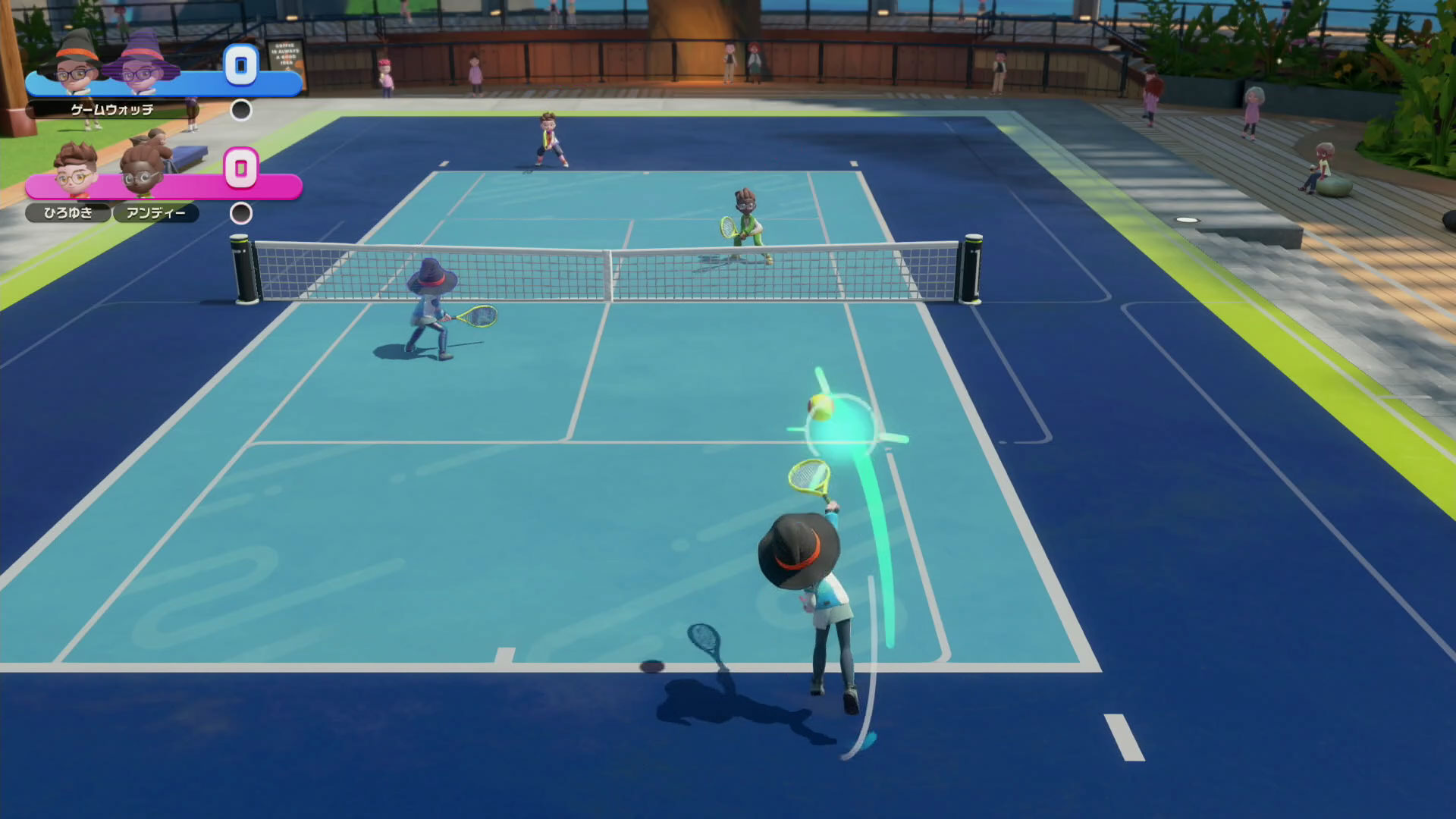 「テニス」はダブルスで試合が行われる。操作するのはどちらもプレイヤー自身だ