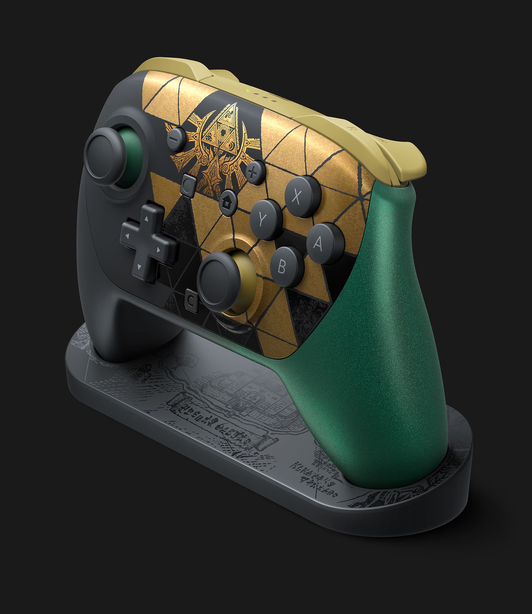 トライフォースをあしらった特別デザインのNintendo Switch 2 Proコントローラーと、ディスプレイスタンドのセット