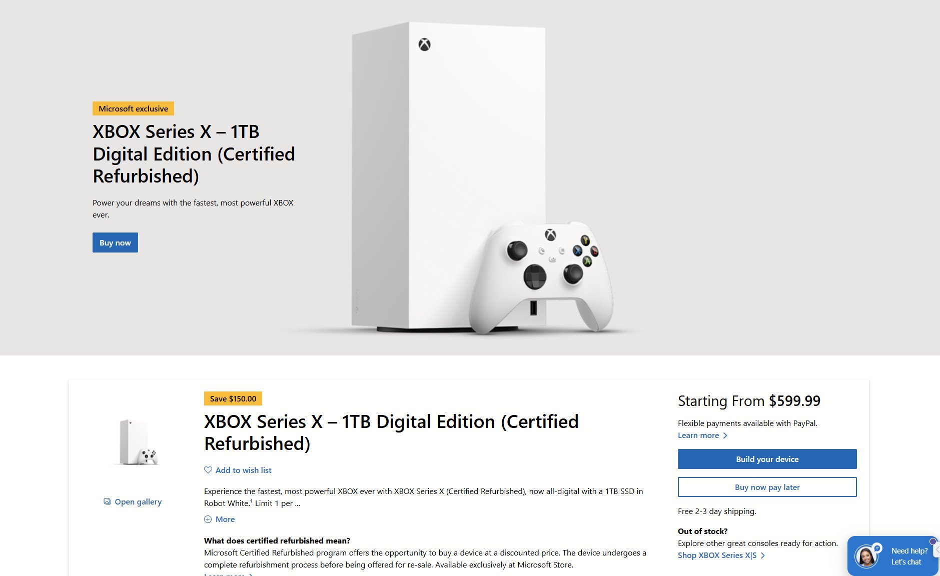 Certified Refurbished XBOXの一例。XBOX Series Xが150ドルオフの599.99ドルで購入できる