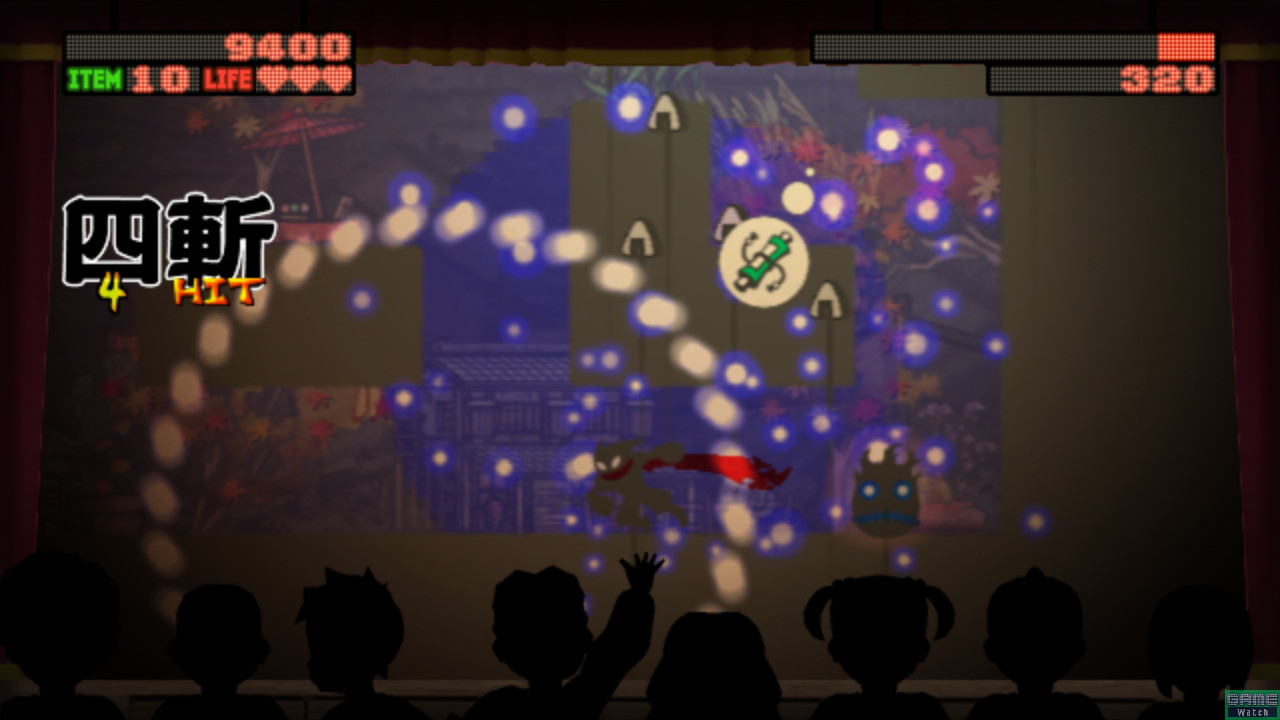 影絵を題材にしたアクションゲーム。プレーヤーキャラクターの忍者は黒いが、エフェクトは派手に光る。手前で子供たちが見ているという演出も面白い