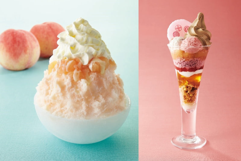 期間限定メニューの「天然水の削り氷 桃と信州高原みるく」（左）と「桃とほうじ茶のパフェ」（右）