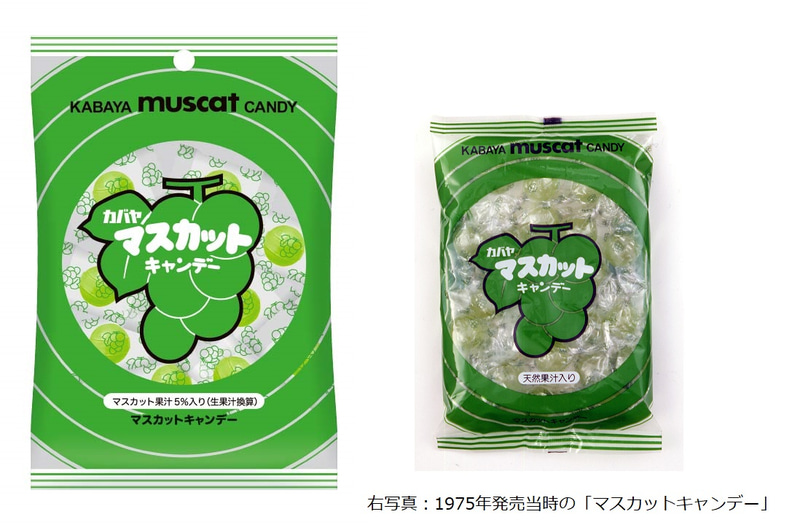復刻デザイン（左）と発売当時（右）の「マスカットキャンデー」