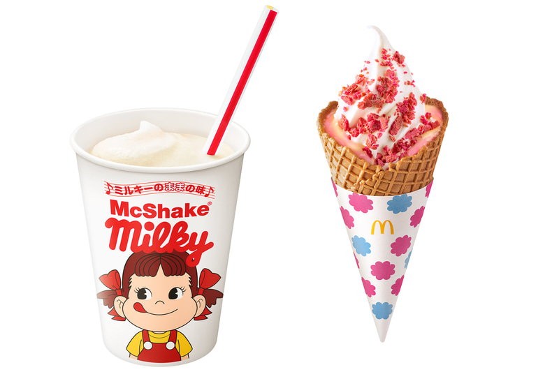 「マックシェイク ミルキーのままの味」と「ワッフルコーン いちごミルキーのままの味」