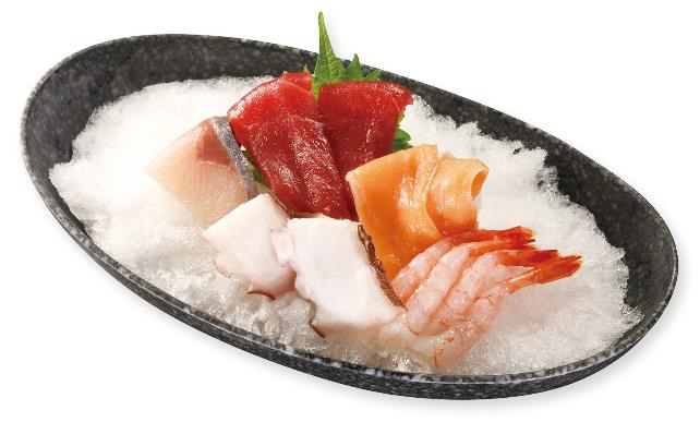 お刺身 五種盛り（まぐろ2枚、はまち1枚、大葉1枚、サーモン2枚、たこ2枚、甘えび4尾）