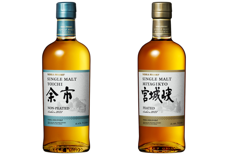 ニッカウヰスキー「シングルモルト余市 ノンピーテッド」（左）と「シングルモルト宮城峡 ピーテッド」（右）
