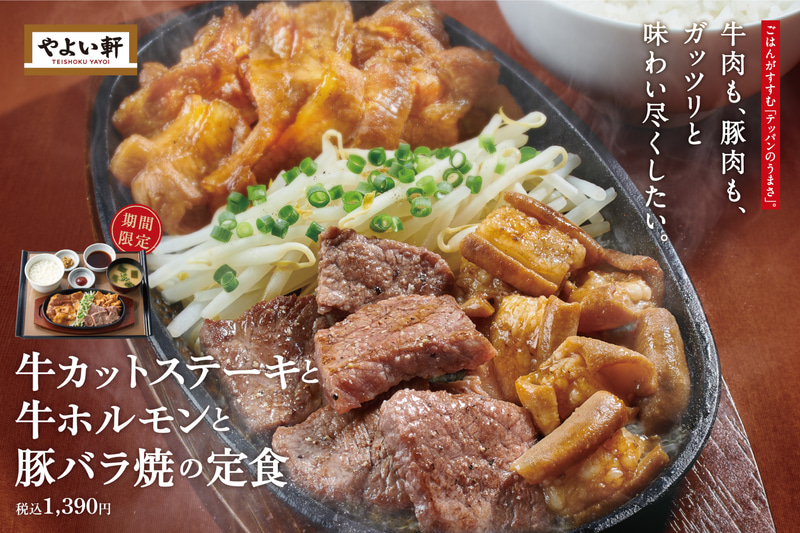 やよい軒「牛カットステーキと牛ホルモンと 豚バラ焼の定食」