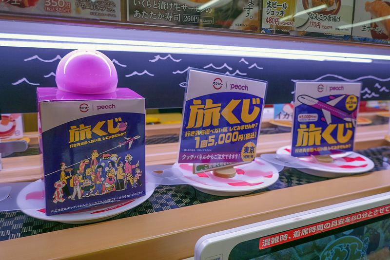 「旅くじ」や特別キャンペーンの案内がレーンに流れる