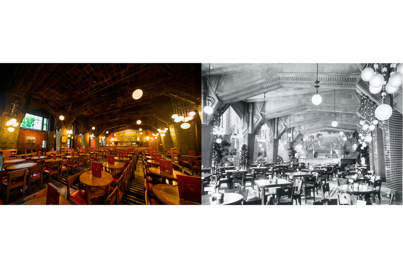 「銀座ライオンビル」1階の現在（左）と竣工当時（右）