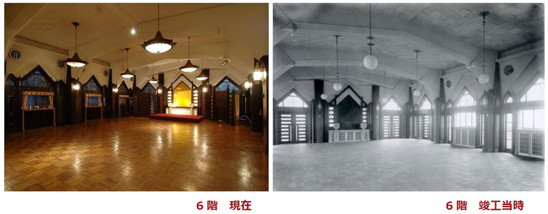 「銀座ライオンビル」6階の現在（左）と竣工当時（右）