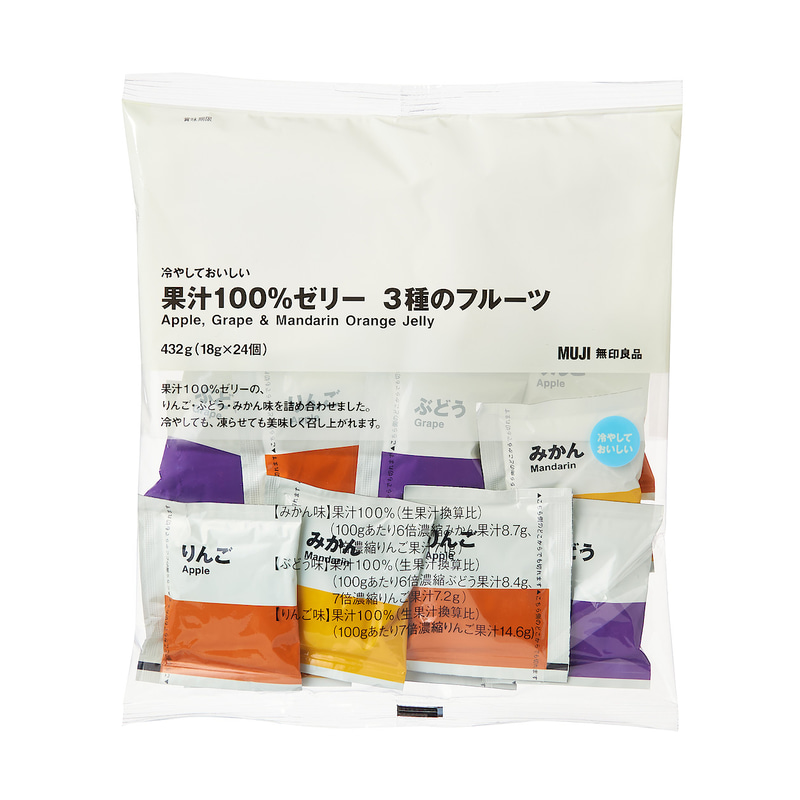 「冷やしておいしい果汁100％ゼリー 3種のフルーツ 432g（18g×24個）」（390円）
