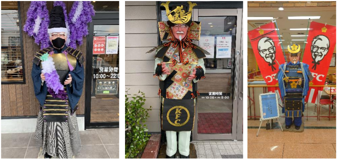 店頭で従業員手作りの「武者カーネル」を展示