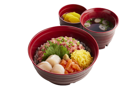 北海道産ホタテとねぎトロのサーモン丼（お吸い物・漬物付）