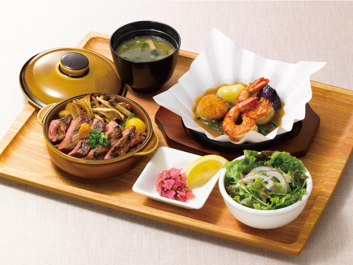 アンガスサーロインステーキごはん膳ステーキごはん＆海老と帆立のあつあつグリル（小）