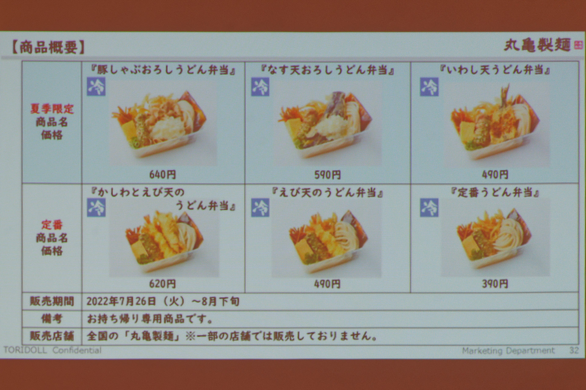 定番を含む持ち帰り専用うどん弁当のラインアップ。弁当容器の受け皿はこれまでの白から透明になり、より涼やかに