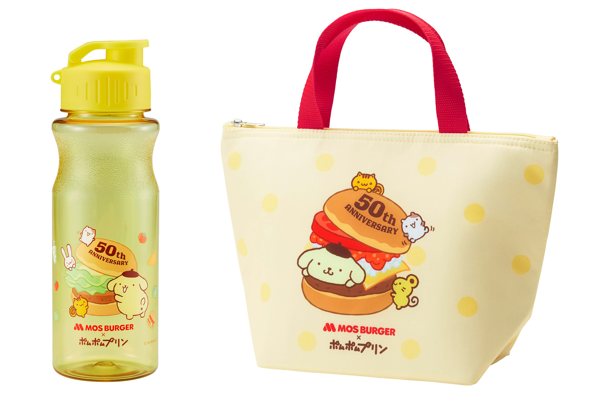 モスバーガー×ポムポムプリン サマーラッキーバッグの「マイボトル」（左）と「保冷トートバッグ」（右）