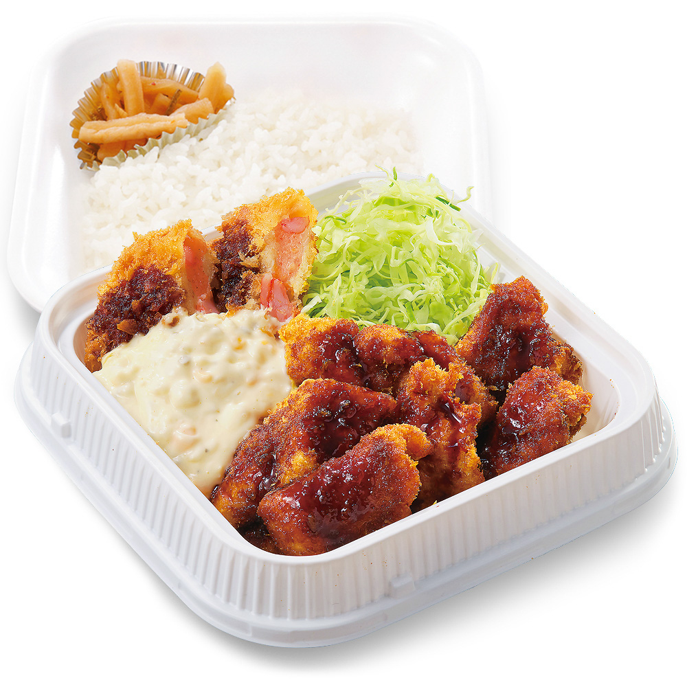 「海老カツと鶏カツの合い盛り弁当」（853円）