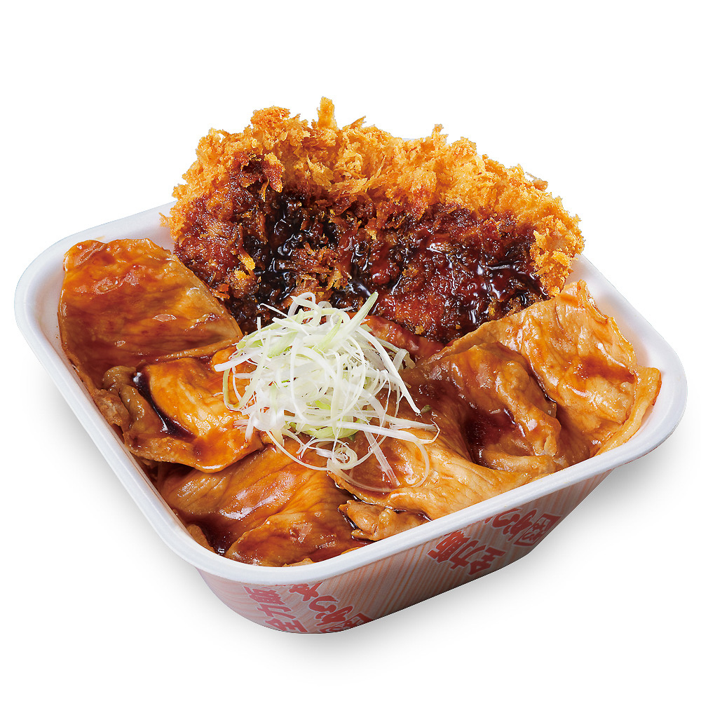 「肉増しロースカツと豚焼肉の合い盛り丼」（961円）