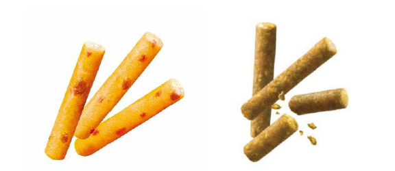 「おつまみじゃがりこ 麻婆豆腐味」（左）と「おつまみえだまりこ 焦がし醤油バター味」（右）の中身画像