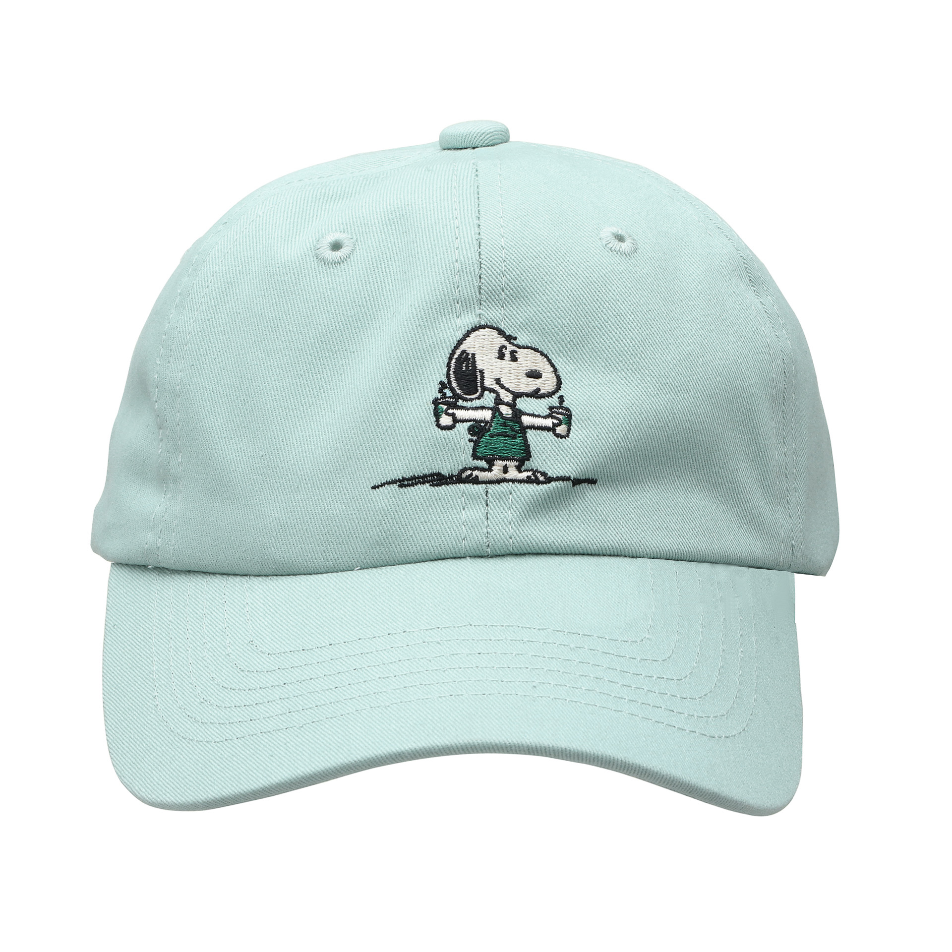 「ベースボールキャップ PEANUTS ブルー/グレー」（各3600円）