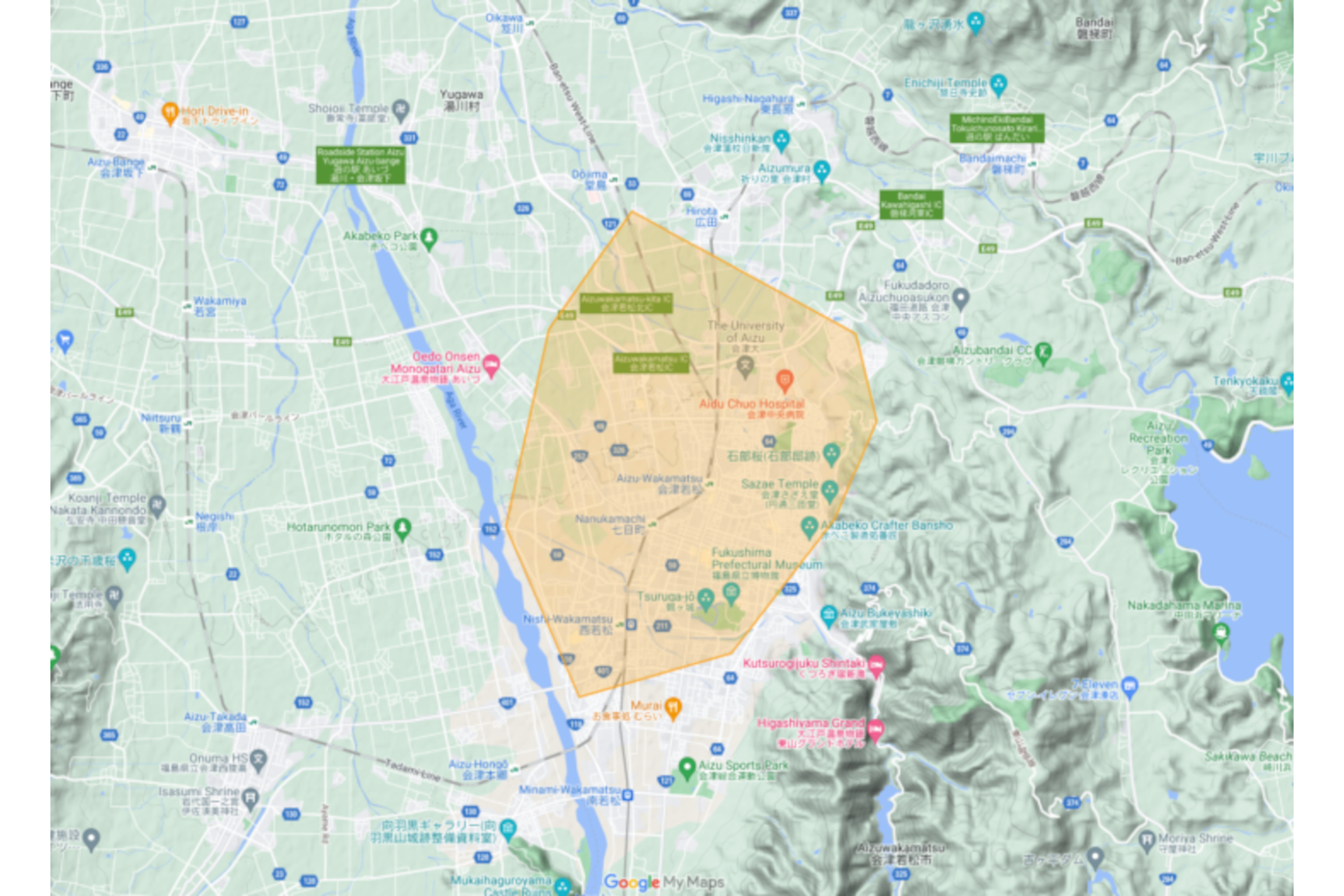 福島県会津若松市のサービスエリア（黄色部分）