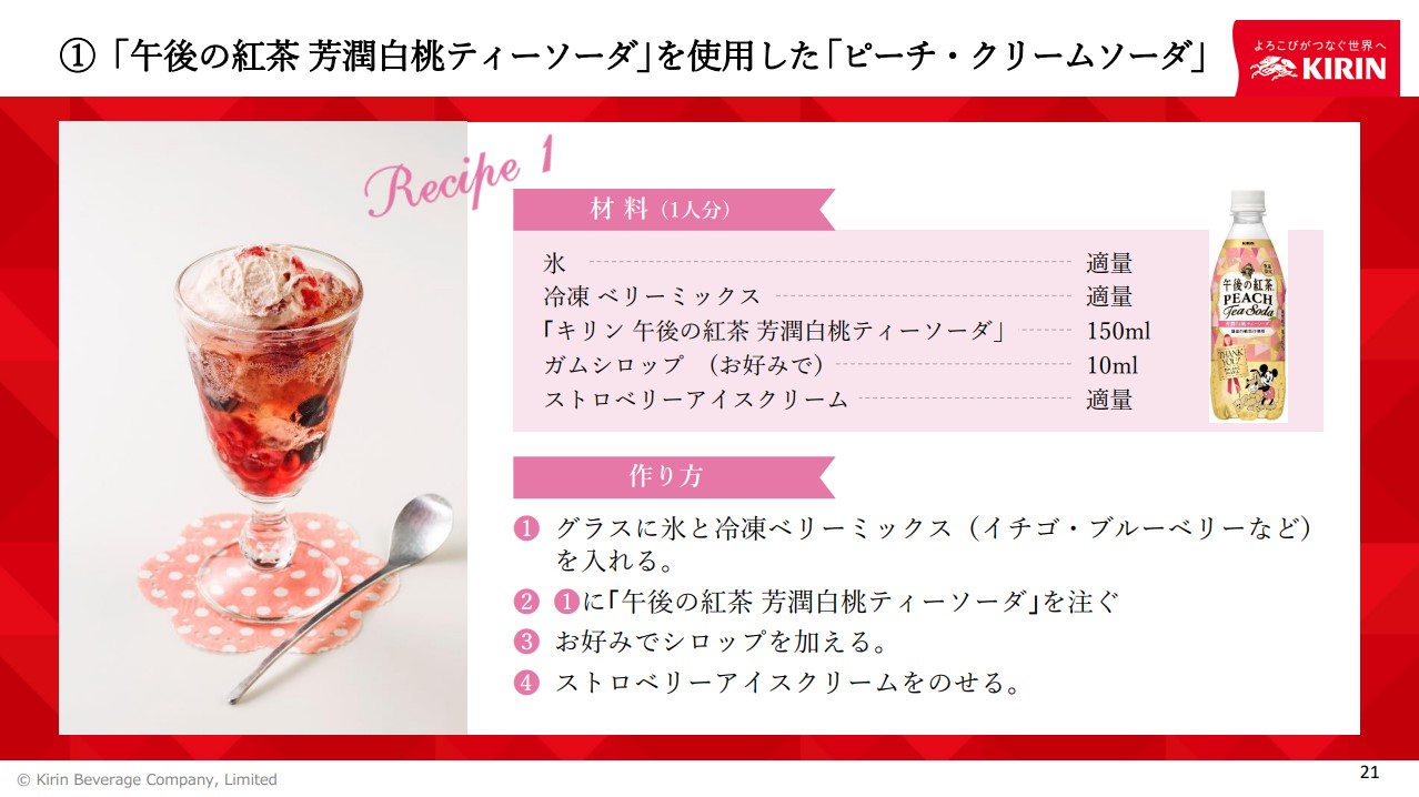 「午後の紅茶 芳潤白桃ティーソーダ」を使用した「ピーチ・クリームソーダ」