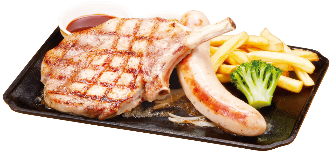 「直火焼き骨付きポークグリル＆国産ソーセージ」（1199円）