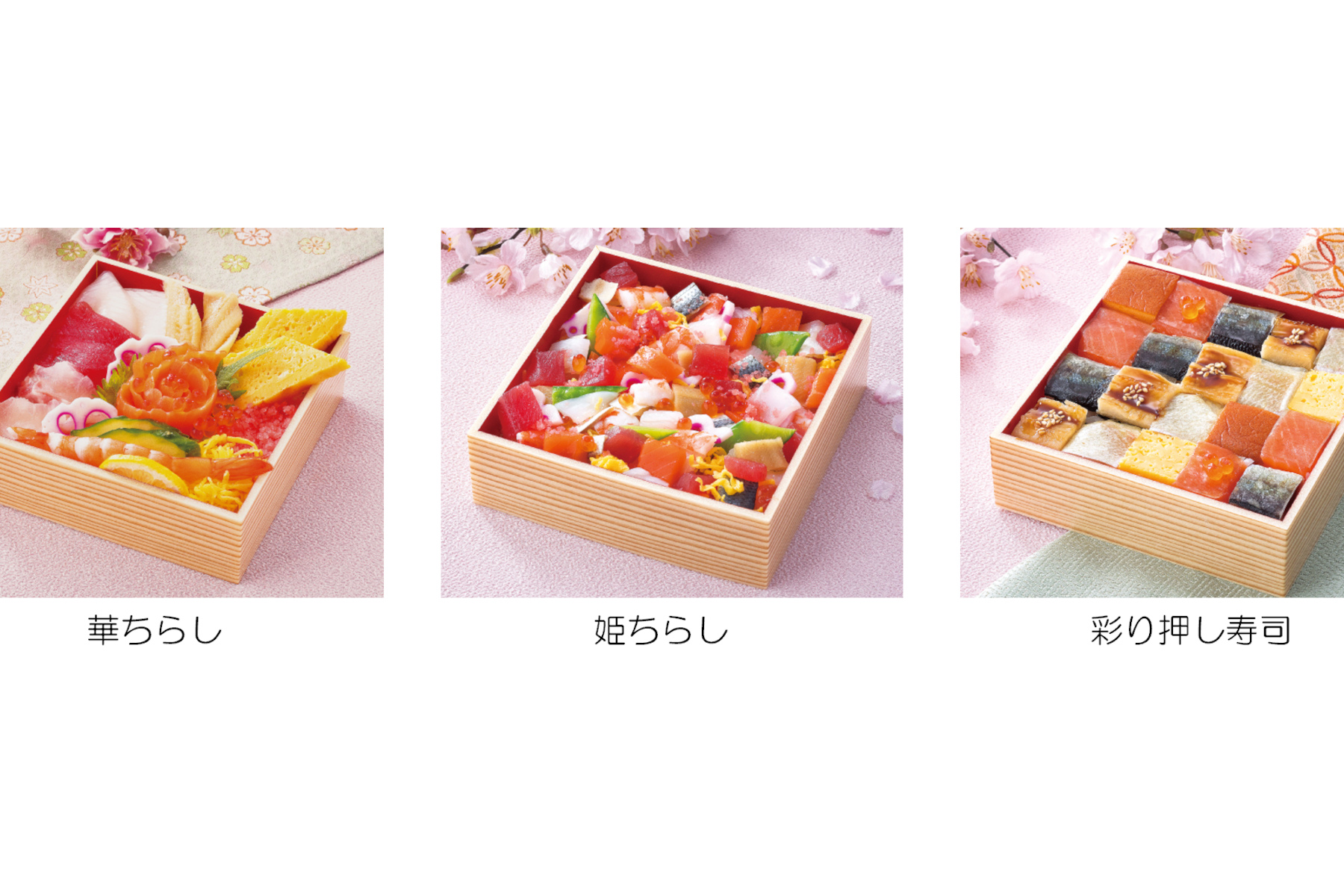 「華ちらし」「姫ちらし」「彩り押し寿司」