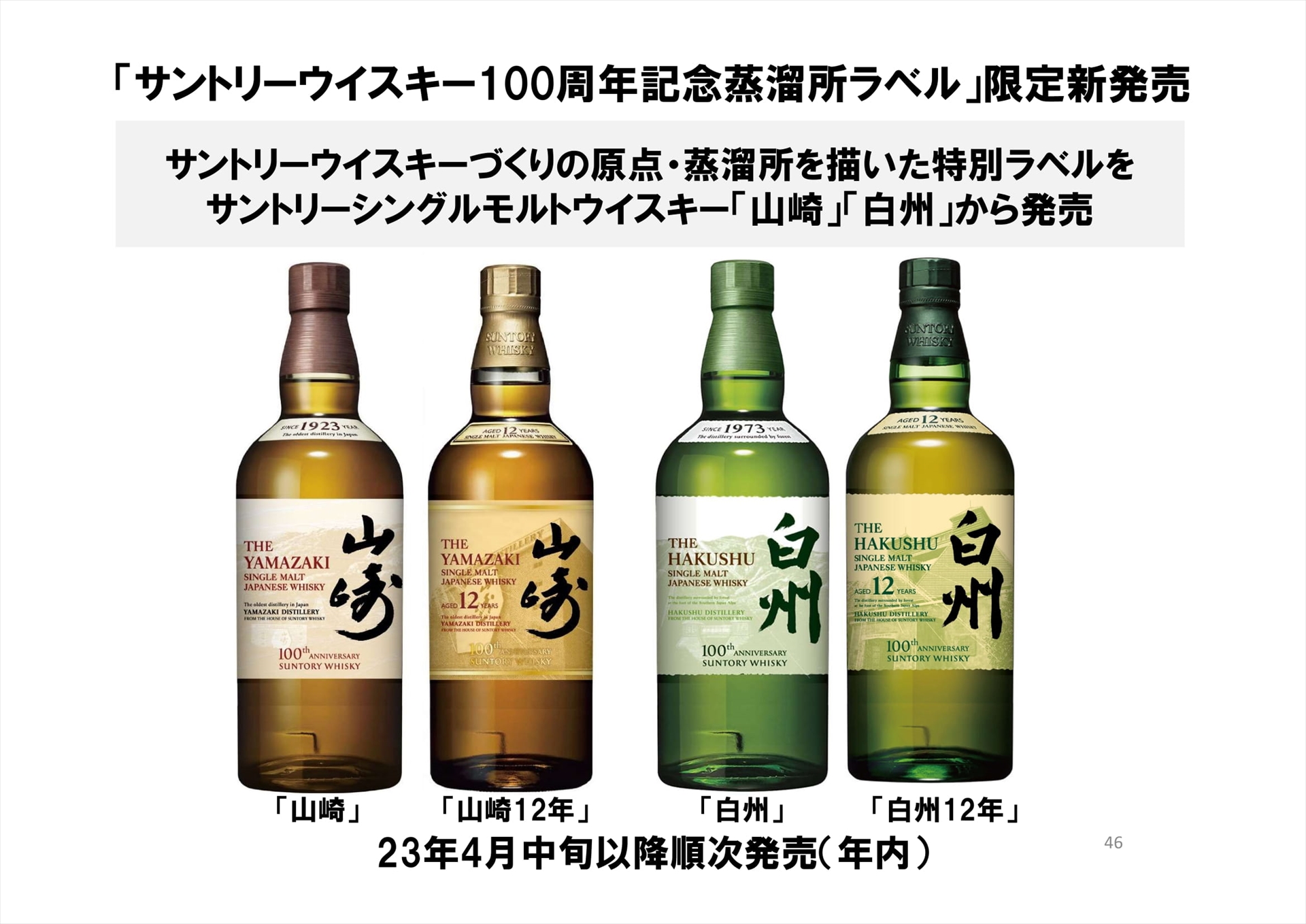 サントリーウイスキー100周年記念蒸溜所ラベルが貼られたサントリーシングルモルトウイスキー「山崎」「白州」が発売される