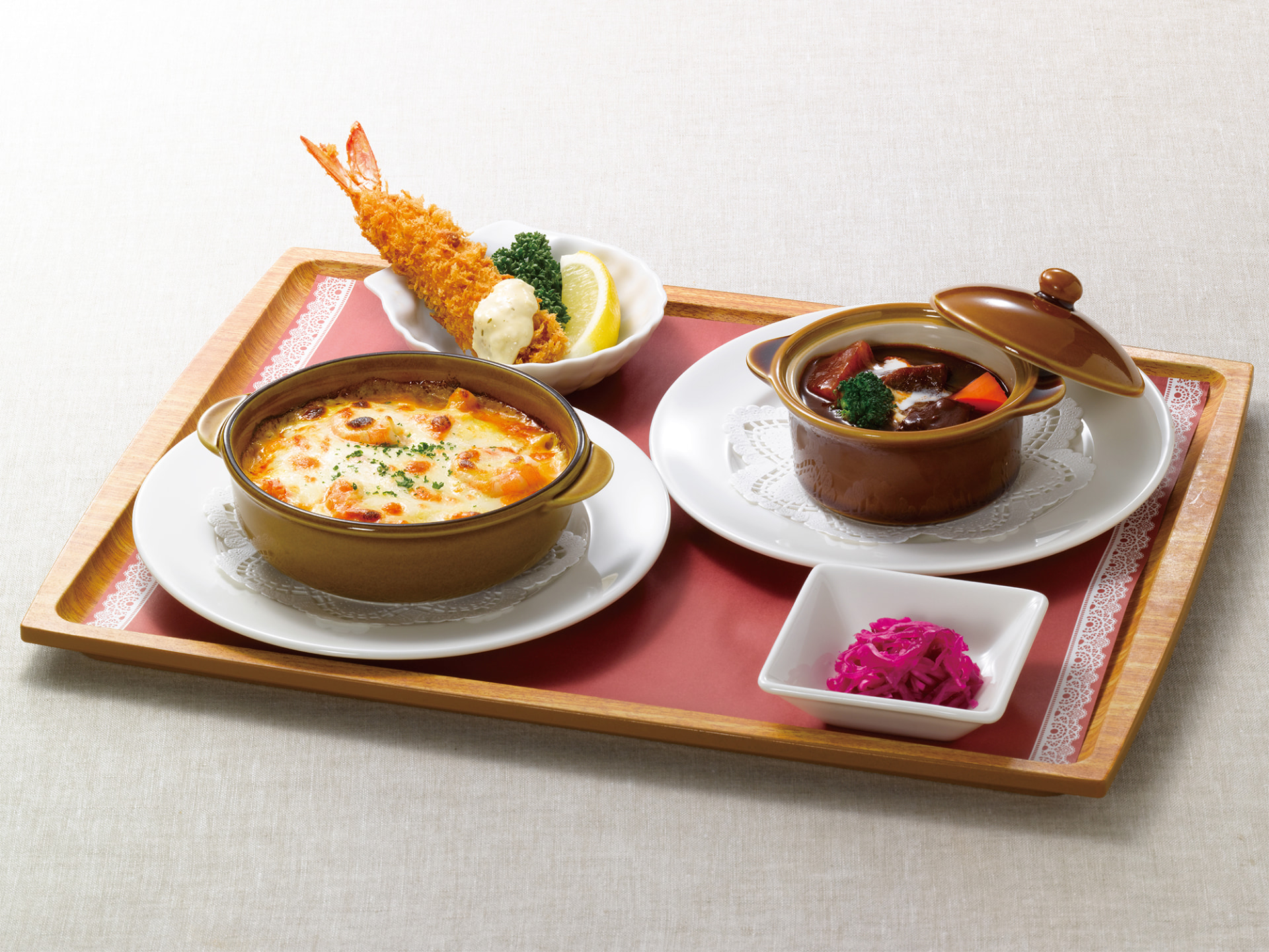 洋食小皿（海老と蟹のグラタン＆ビーフシチュー）