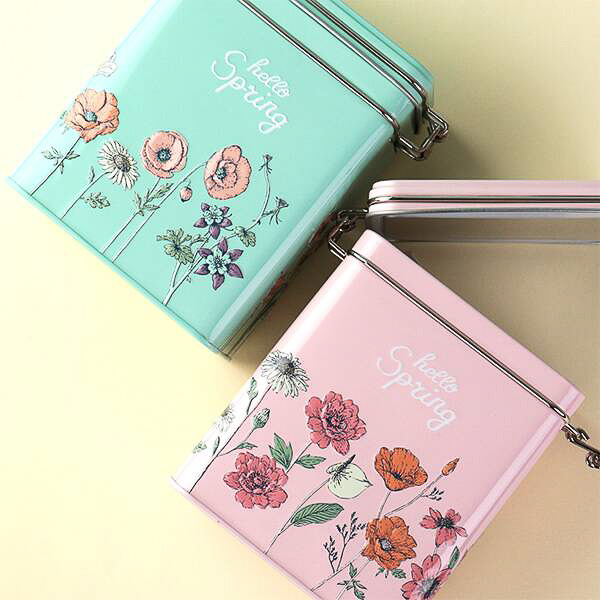 カルディ「スプリング缶（チョコチップスコーン入り）」（グリーン/ピンク）