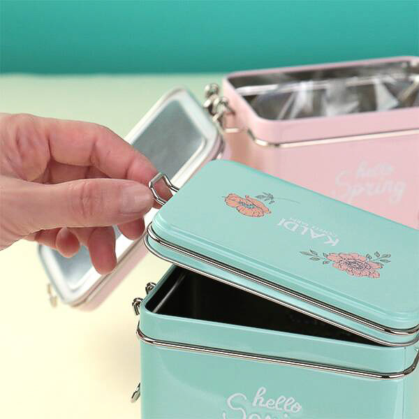 カルディ「スプリング缶（チョコチップスコーン入り）」（グリーン/ピンク）