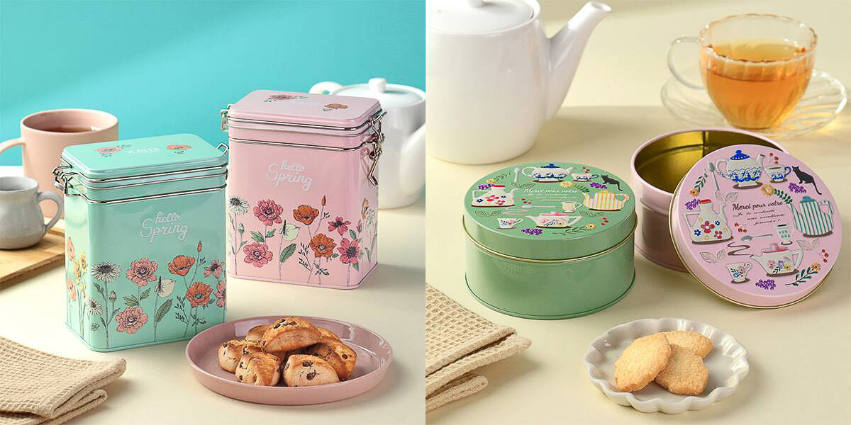 カルディ「スプリング缶（チョコチップスコーン入り）」と「ティータイムクッキー缶」