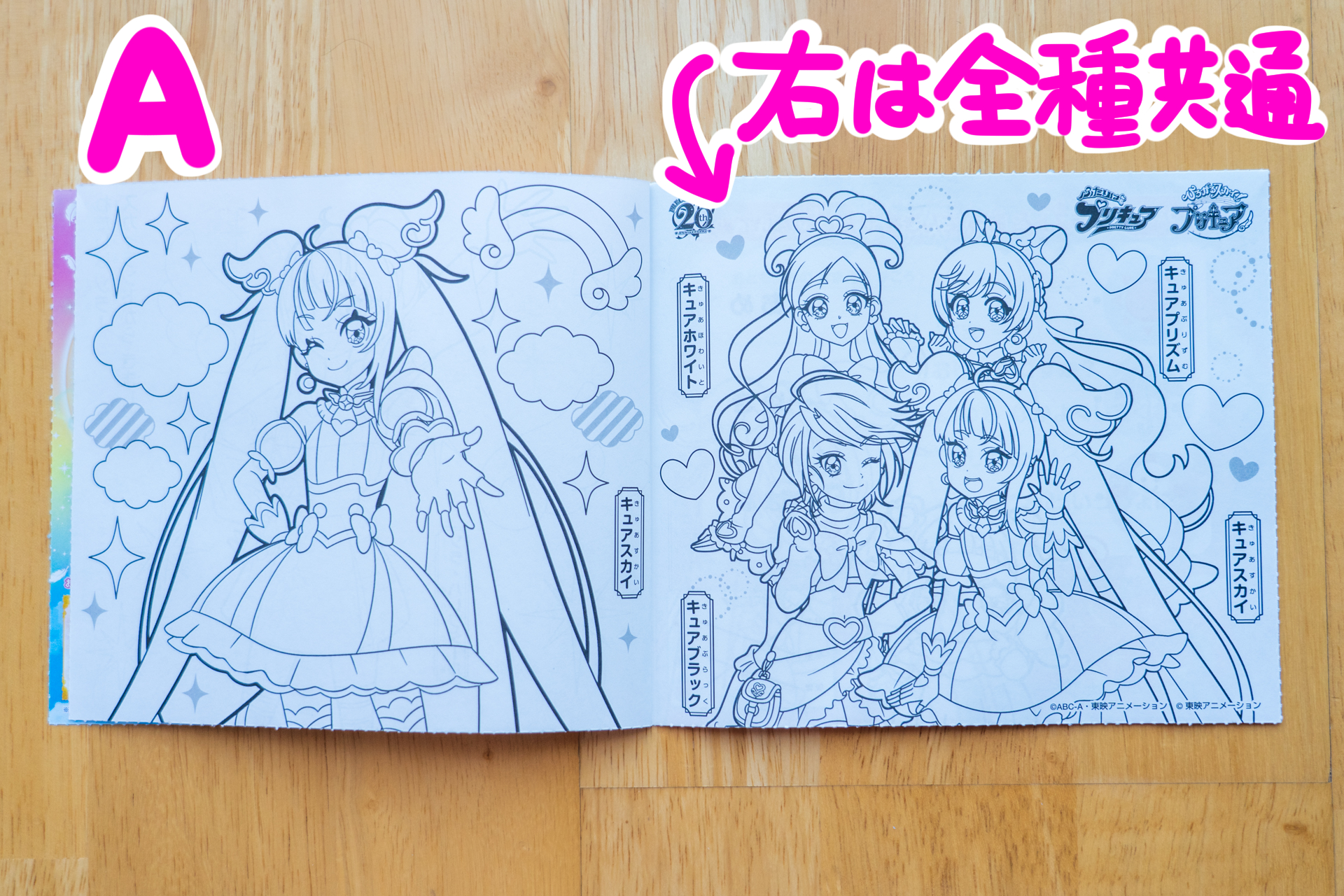 1枚めくると左右がぬりえ。右は全種共通の20周年記念イラストぬりえ