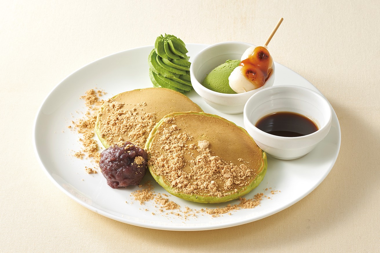 抹茶ときな粉の和風パンケーキ～抹茶アイスとみたらし団子添え～