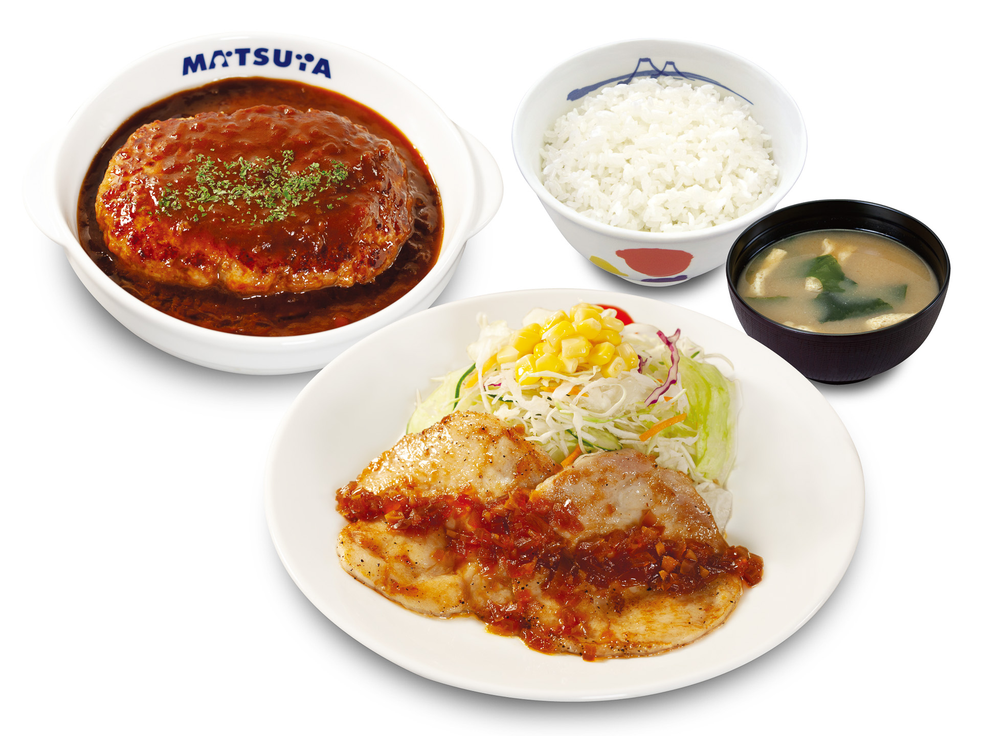 「チキン盛合せデミグラスソースハンバーグ定食」（1130円）