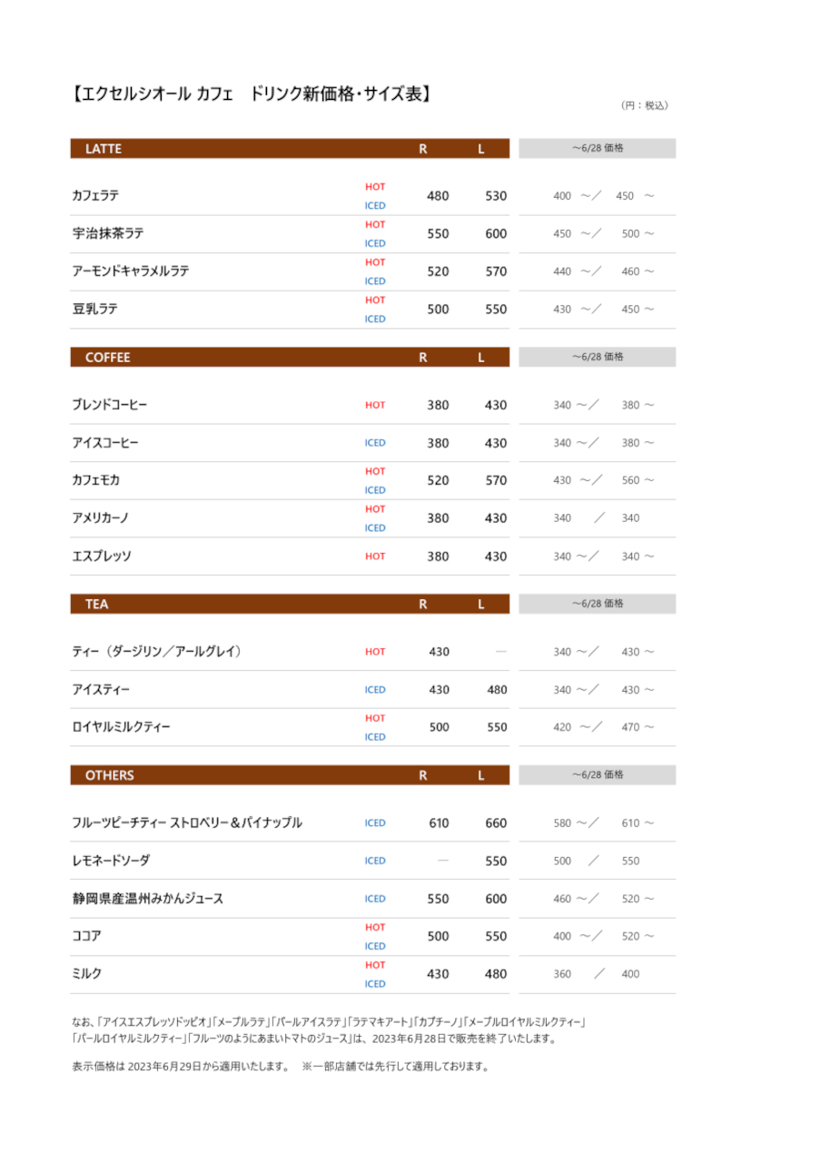 ドリンクメニューの新価格・サイズ