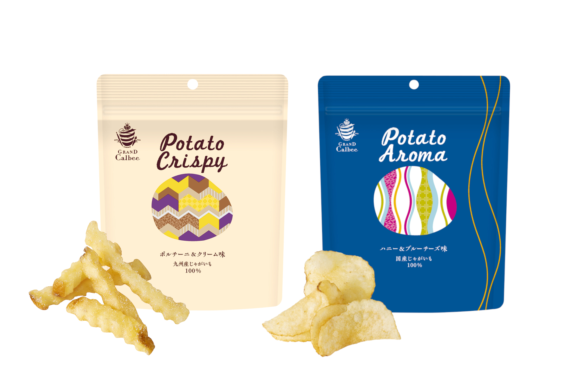 グランカルビー「PotatoCrispy ポルチーニ＆クリーム味」「PotatoAroma　ハニー＆ブルーチーズ味」