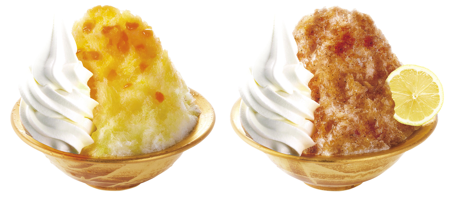 コメダ珈琲店「マンゴー＆ジャスミンティー氷（ソフトクリーム）」（左）と「クラフトコーラ氷（ソフトクリーム）」（右）