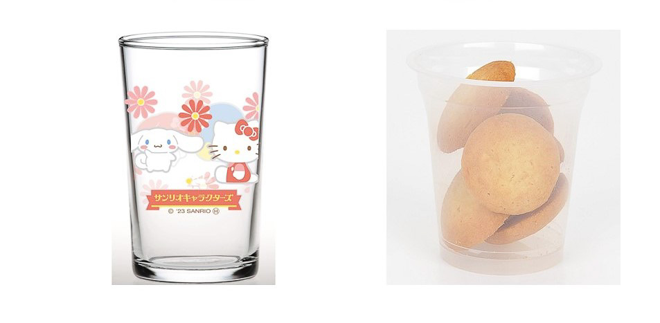 マイメロディ、シナモロール、ハローキティ、タキシードサムがデザインされたグラスとセットになった「サンリオキャラクターズ クッキー」