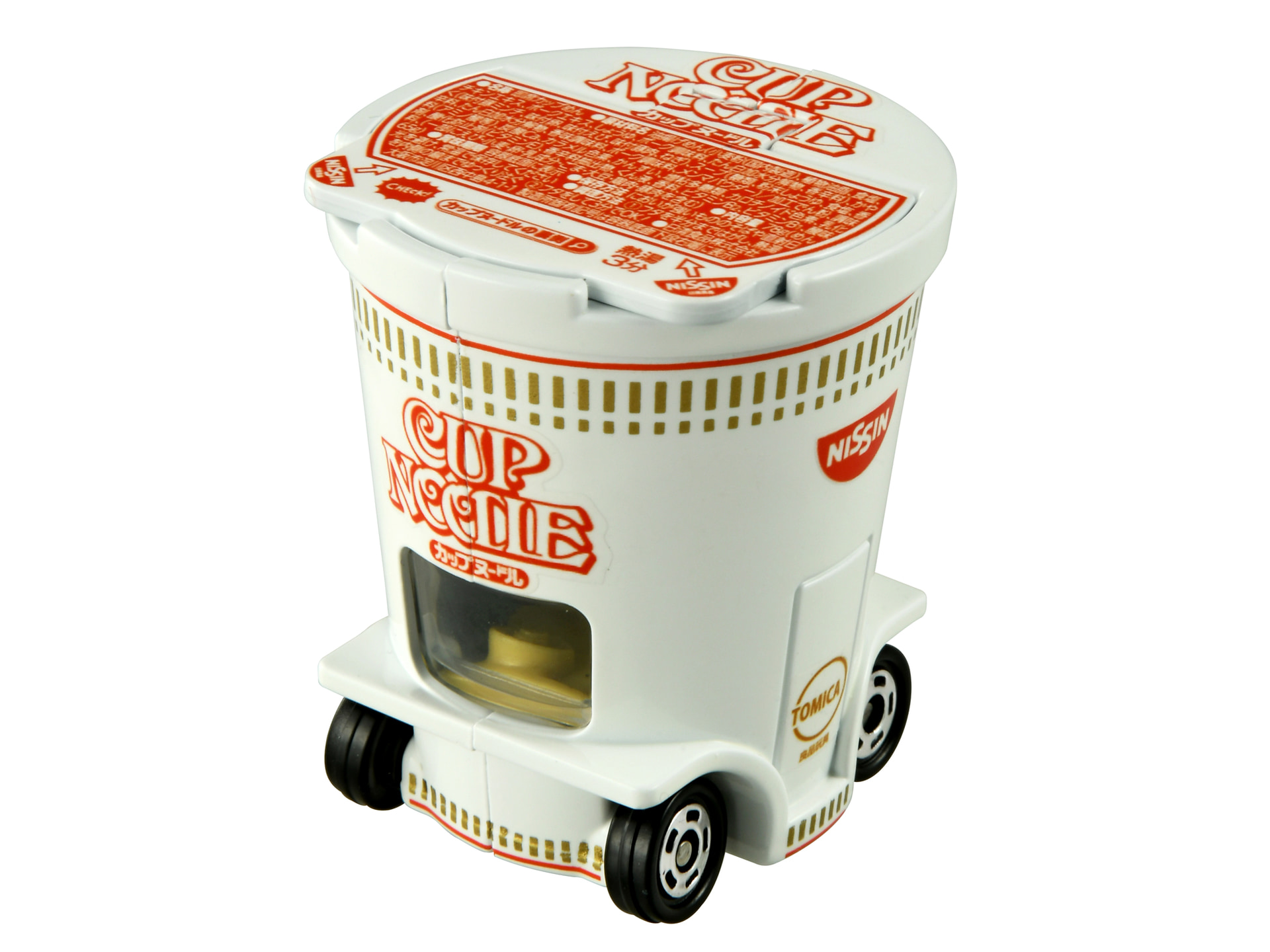 リニューアルした「ドリームームトミカ No.161 カップヌードル」。「カップヌードル」のフタが開け口を2つにした新形状のWタブ仕様に